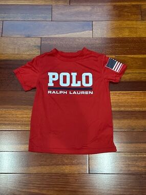 Polo by Ralph Lauren Red Tee with White Logo and Flag Patch